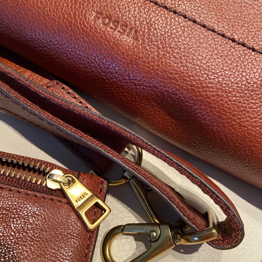 NEW Fossil purse with wallet - brown cognac zipper long short shoulder straps